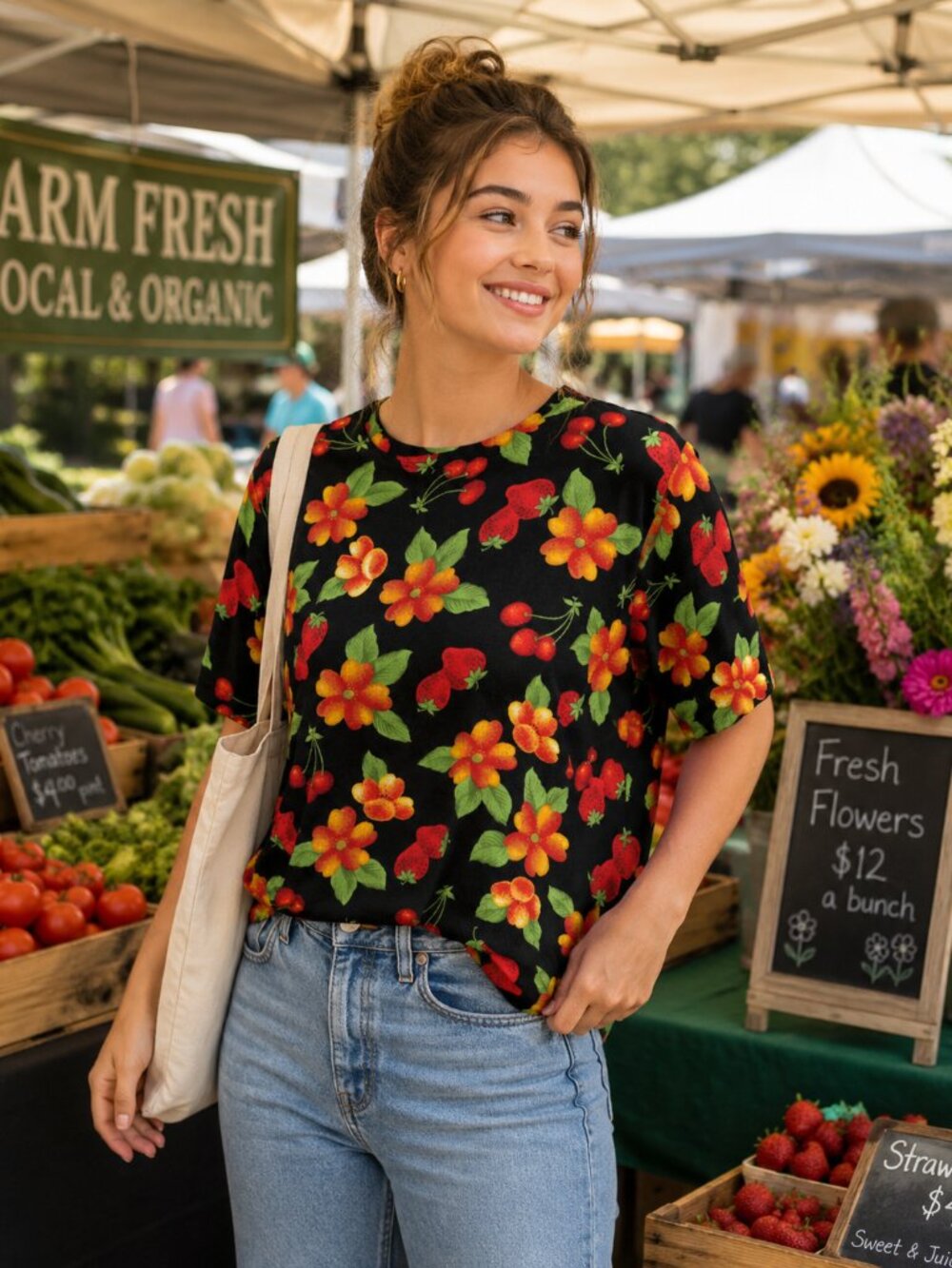Sag Harbor Strawberry Floral Tomato Fruit Garden Spring Print Black Top